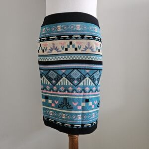 Flying Tomato | Turquoise Patterned Mini Pencil Skirt with Black Trim